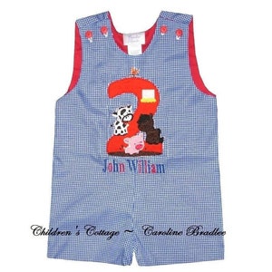 BOY&#39;S Old McDonald&#39;s Farm Birthday Animals John John-1st Farm Barn Birthday Outfit with Birthday Number, Cow, Horse Pig Monogram