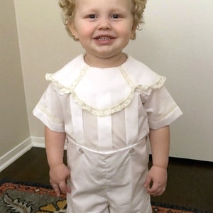 Holiday Heirloom Outfit-Ring Bearer Outfit-Button on or Blouse over Shorts with Scallop Collar and Lace