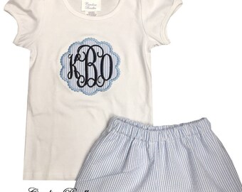 Girl's Monogram Personalized Seersucker Scalloped Frame Shirt and Shorts Outfit