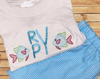 Boy' Monogram Fish Shirt--Boy Shorts Set-Beach Ocean Sea Fish Shorts Outfit-Vacation Seaside Boy Shirt Outfit