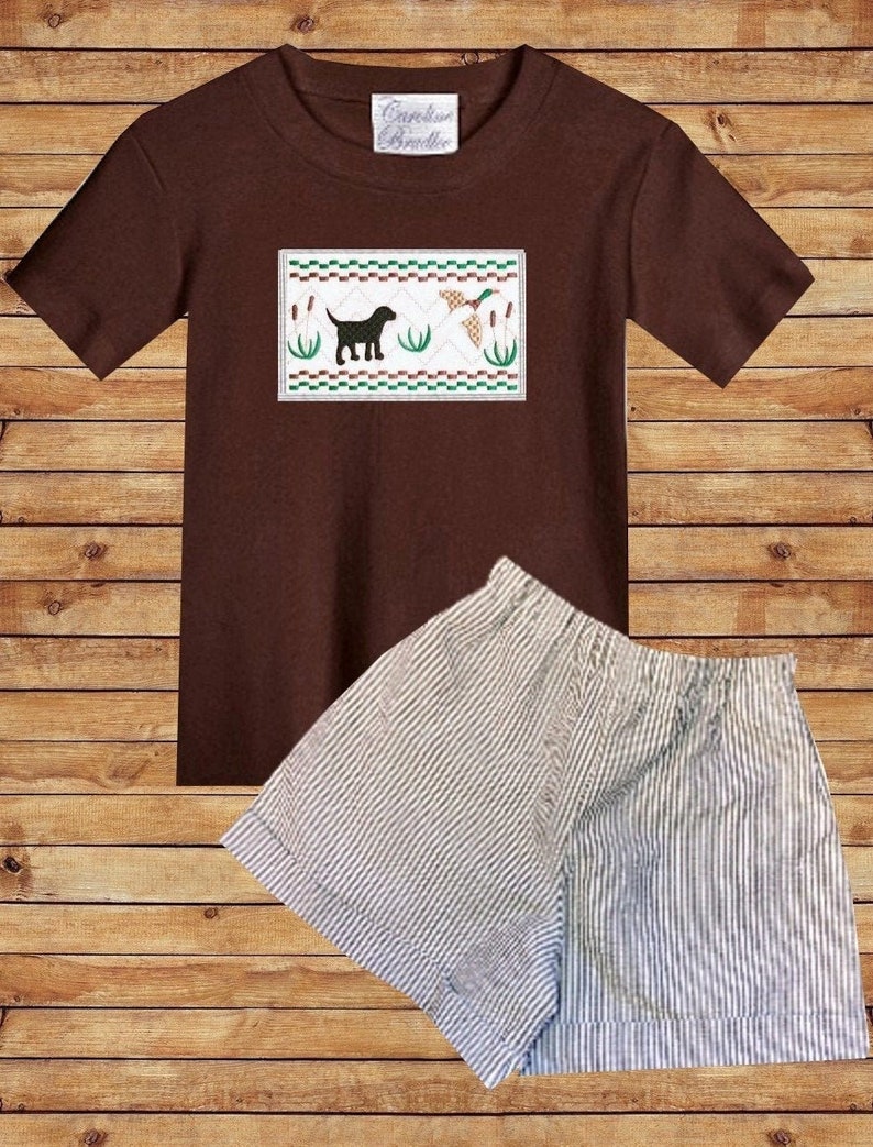 Boy's Faux Smocked Labrador Duck and Reeds Outfit-Smock Dog Embroidered Puppy Brown Shirt and Brown Stripe Seersucker Shorts image 1