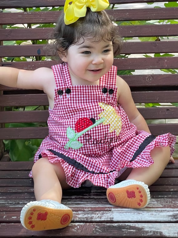 Girls Birthday Ladybug Dress crawling Ladybug on Flower first 1st Birthday personalized Ladybug Girl Dress monogrammed Outfit Etsy