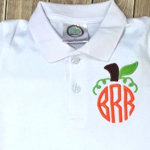 Boy&#39;s White Polo Shirt with Monogram Pumpkin Frame-Personalized Pumpkin Thanksgiving Monogram Outfit for Boys