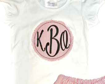 Girl's Monogram Personalized Seersucker Round Raggedy Patch Shirt and Shorts Outfit