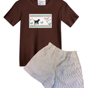 Boy's Faux Smocked Labrador Duck and Reeds Outfit-Smock Dog Embroidered Puppy Brown Shirt and Brown Stripe Seersucker Shorts image 3