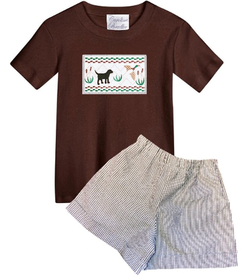 Boy's Faux Smocked Labrador Duck and Reeds Outfit-Smock Dog Embroidered Puppy Brown Shirt and Brown Stripe Seersucker Shorts image 3