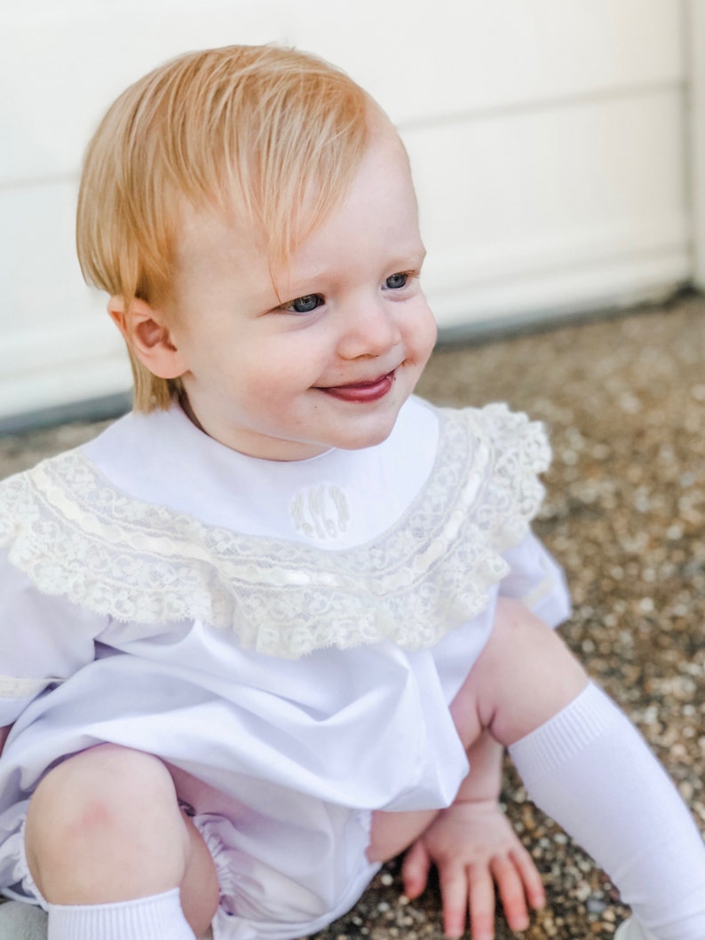 Boy Heirloom Bubble Outfit Button On or Blouse Shorts-Ring Bearer Portraits Special Occassions with Round Lace Collar