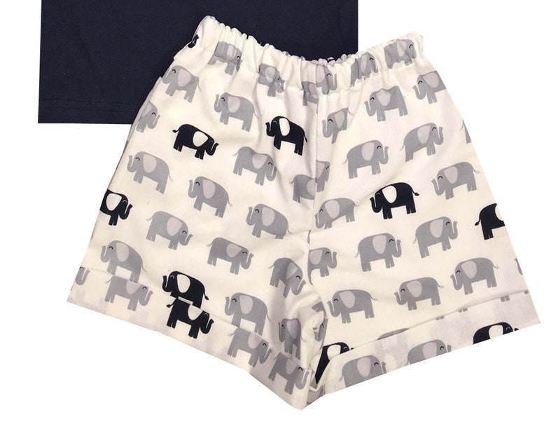 Boy/'s Monogrammed ElephantShirt-Navy Shirt and Elephants Fabric Shorts or Gray Stripe Seersucker Shorts Outfit