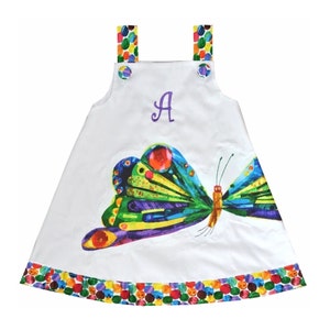 Girl&#39;s Butterfly from Caterpillar Dress with Ribbon or Dotted Fabric Trim Dress with Optional Monogram and and Bloomers