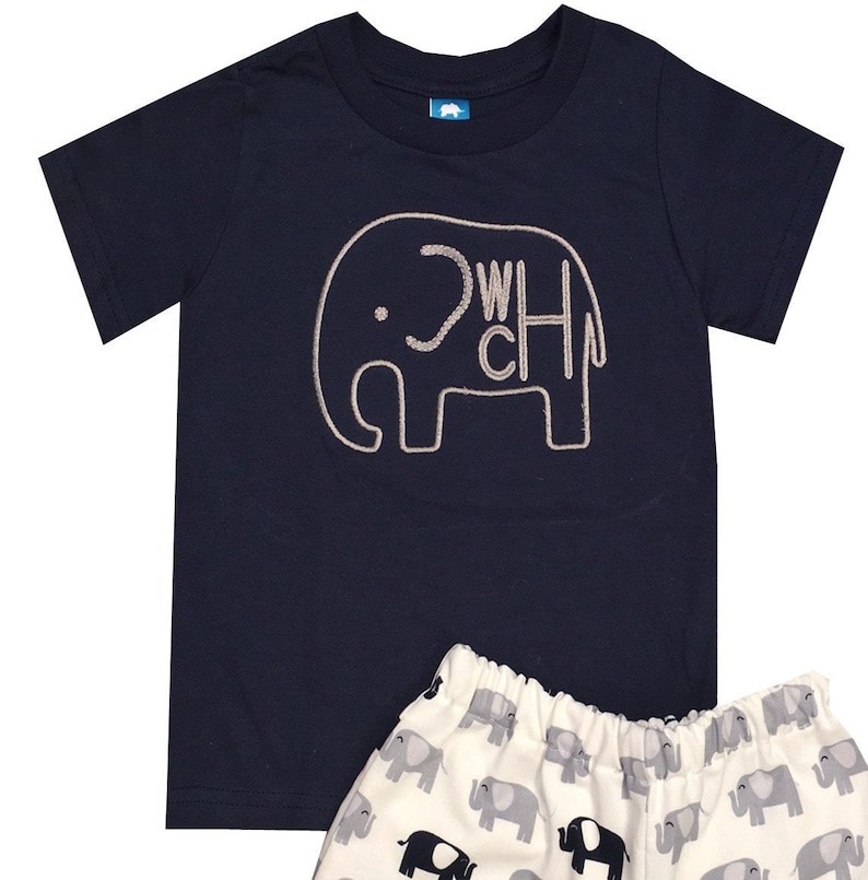 Boy/'s Monogrammed ElephantShirt-Navy Shirt and Elephants Fabric Shorts or Gray Stripe Seersucker Shorts Outfit