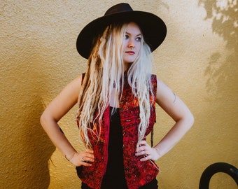 vintage 90s embroidered bohemian vest // red orange earth toned festival wear layering top // size small