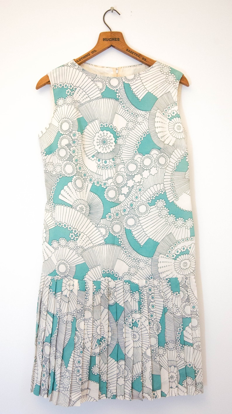1960/'s turquoise and white dress mid-length funky pattern 60/'s dress vintage wild patterned casual block party dress retro dress