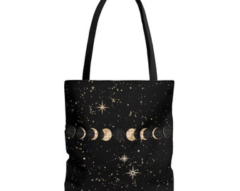 Moon Phases Tote Bag // Lunar Magic Reusable Shopping Bag // black gold cosmic gift witchy accessory