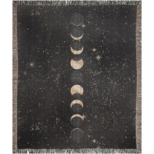 Moon Phases Lunar Blanket // Alignment // Cosmic Black And Gold With Fringe // Full Moon To Crescent Moon