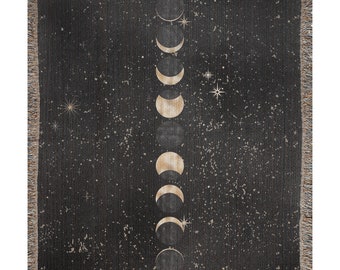 Moon Phases Lunar Blanket // Alignment // Cosmic Black And Gold With Fringe // Full Moon To Crescent Moon