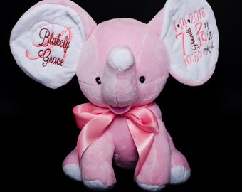 Personalized stuffed animal~dumbles the elephant pink,blue or grey