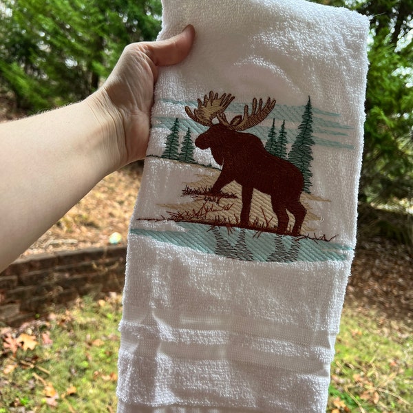 Moose Hand Towel Embroidered - Moose Lover Gift