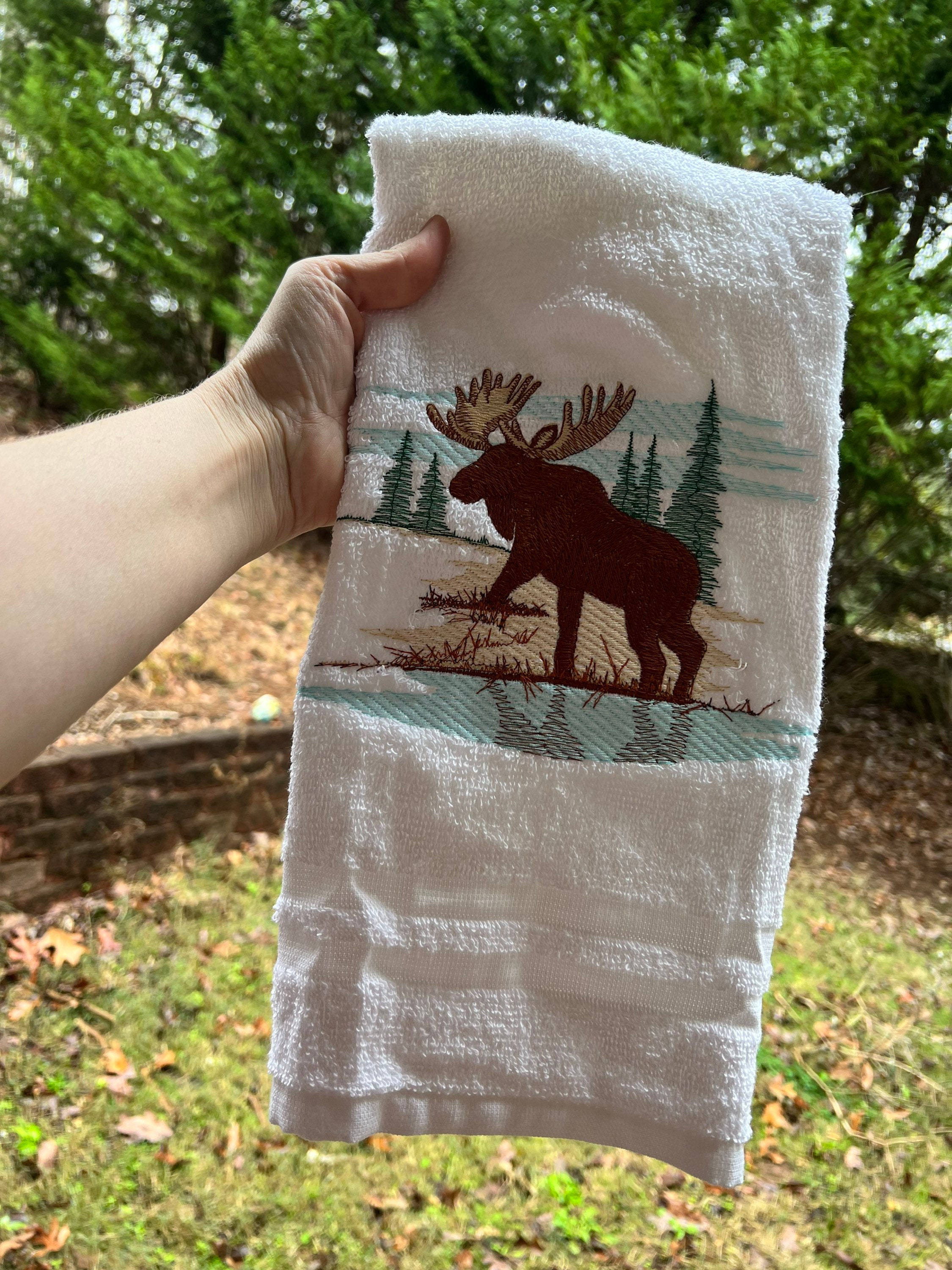 Moose Hand Towel Embroidered - Moose Lover Gift