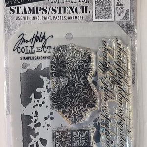 May include: A set of clear stamps with a mixed media theme. The stamps feature a variety of designs, including a cracked tile pattern, a floral pattern, a script font, and a set of letters. The stamps are packaged in a clear plastic sleeve with a white background and black text that reads "Stampers Anonymous Mixed Media Collection Stamps/Stencil Use with inks, paint, pastes, and more Jim Holt Collect Stampers Anonymous".