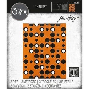 May include: A Sizzix Thinlits die set by Tim Holtz, item 666385, featuring a rectangular metal cutting die with a repeating pattern of various sized circles. The packaging displays the brand logo, the product name, and the text 3 DIES.