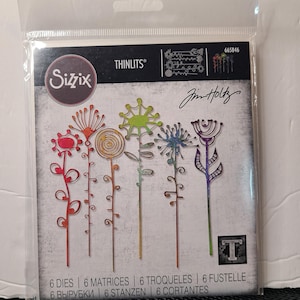 Puede incluir: Un conjunto de seis plantillas de metal troqueladas con diseños de flores abstractas de colores. Las plantillas están empaquetadas en una bolsa de plástico transparente con un respaldo de cartón blanco. La tarjeta presenta el logotipo de Sizzix, el texto "THINLITS®" y el nombre "Jim Holtz". La tarjeta también incluye el texto "6 DIES | 6 MATRICES | 6 TROQUELES | 6 FUSTELLE | 6 ВЫРУБКИ | 6 STANZEN | 6 CORTANTES".