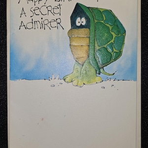 Tarjeta de felicitación de cumpleaños vintage sin usar con admirador secreto de tortuga en su caparazón y sobre de 4,5 x 6,8 pulgadas