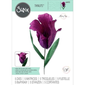 May include: Sizzix Thinlits die set featuring a large, textured, deep purple crepe paper tulip with green stem and leaves. The packaging includes the text "Olivia Rose" and "5 Dies". Ideal for paper crafting.