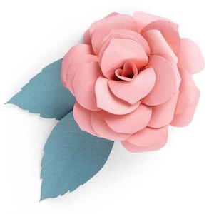 May include: A large, paper-crafted pink rose with multiple petals and two blue-green leaves. The flower is in full bloom, with a detailed centre. The leaves are a contrasting colour, adding visual interest to the floral design.