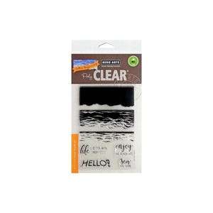 May include: Clear stamp set by Hero Arts featuring ocean wave designs and phrases like "life is better with sandy feet" and "enjoy the beach life". The stamps are packaged in a clear plastic sleeve.