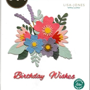 Puede incluir: Juego de troqueles Sizzix Thinlits con un arreglo floral colorido con flores rosas, azules y moradas, hojas verdes y las palabras "Birthday Wishes". El juego incluye 12 troqueles para manualidades en papel.
