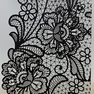 May include: A rectangular embossing folder featuring a detailed black lace pattern on a clear background. The design consists of intricate floral motifs, swirling vines, and a fine mesh netting texture that covers the entire surface area.