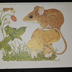 Cartão de felicitações vintage de feliz aniversário, rato não utilizado em cogumelo com envelope, 7" x 5" Ephemera Current USA, L K Powell