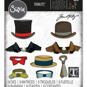 Könnte beinhalten: Ein Sizzix Thinlits Stanzschablonen-Set von Tim Holtz mit neun Metallstanzen für Papierarbeiten. Das Set enthält Formen eines schwarzen Zylinders mit rotem Band, eines braunen Hutes, zwei Jackenkragen, einer roten Fliege, eines Strohhutes, einer Krawatte und zwei Fliegen.