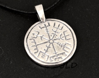 Vegvisir / Aegishjalmur, small round sterling silver or bronze pendant