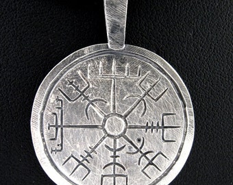 Vegvisir / Aegishjalmur, round sterling silver or bronze pendant