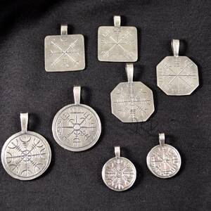 Vegvisir / Aegishjalmur, small round sterling silver or bronze pendant image 5