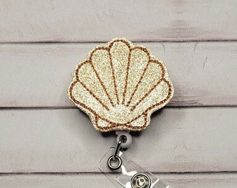 Tan Sea Shell Badge Reel,Nursing Id holder,Summer Retractable Badge Holder-Beach Id Clip,Teacher Beach Name Badge,Pediatric Shell Id Clip