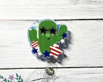 Patriotic Cactus Badge Reel, Nursing Badge Clip, Teacher ID Badge, ID Holder, Acrylic Badge Holder, Badge Pull, Name Badge Clip, Retractable