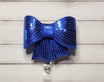 Royal Blue Sequin Bow Badge Reel-Id holder- Retractable Badge Holder-Nursing Id Reel-Teacher Name Badge-Pediatric Id Clip