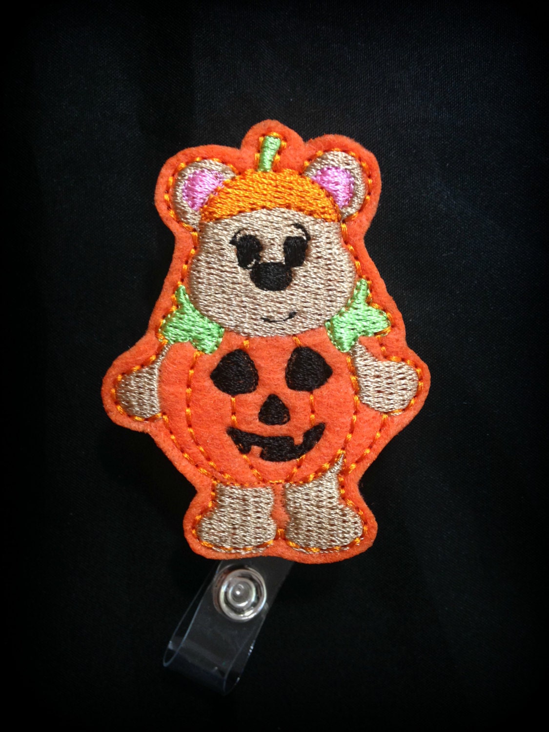 Bear in A Pumpkin Badge Reel- Halloween Badge Clip- Nursing ID badge- ID Holder- Fall Badge Holder
