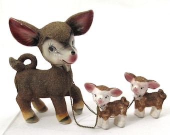 Brinnco Donkey w/Babies~~Made in Japan~~Flocked Donkey~~Ceramic Donkey~~Vintage Donkey Figurine~~Brinnco Figurine~~Ceramic Burro~~Item #524