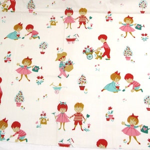 May include: White fabric with a repeating pattern of children playing in a garden. The children are wearing red, blue, and pink clothing. The garden has flowers, trees, and a wheelbarrow.