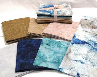 Pack of 7 Quilt Fabrics~~3 1/2 Yards Total~~Blues & Tans Quilt Fabric~~Contour Map Design~~Tie Dye Fabric~~Watercolor Fabric~~Item #458