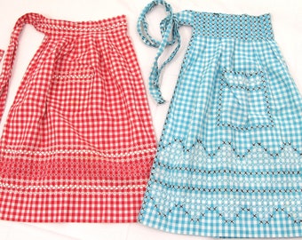 Two Gingham Check Aprons~~~Cross Stitch Aprons~~Vintage Half Aprons~~Red Gingham Check Apron~~Blue Gingham Check Apron~~Item #562