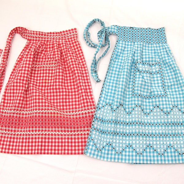 Two Gingham Check Aprons~~~Cross Stitch Aprons~~Vintage Half Aprons~~Red Gingham Check Apron~~Blue Gingham Check Apron~~Item #562