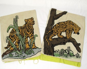 2 Hooked/Looped Tiger and Cheetah Pillow Covers~~Vintage Hooked Pillow Covers~~Cheetah Pillow Cover~~Tiger Pillow Cover~~ Item #529
