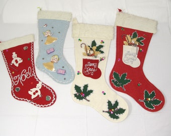 4 Vintage Felt Christmas Stockings~~1950's Christmas Stockings~~1960's Christmas Stockings~~Embellished Christmas Stockings~~~Item #528