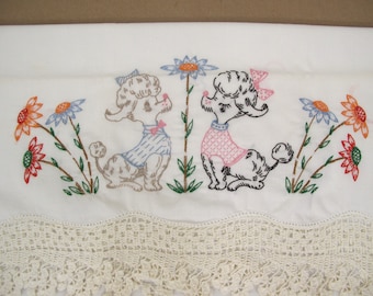 Pair of Embroidered Poodle Pillowcases~~Embroidered Pillowcases~~Crocheted Trim Pillowcase~~Vintage Pillowcase~~Embroidered Linens~~Item 532