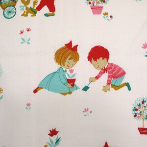May include: A vintage fabric featuring a repeating pattern of children gardening. The children are dressed in red, blue, and green clothing. The fabric features a white background with red, pink, and green flowers.