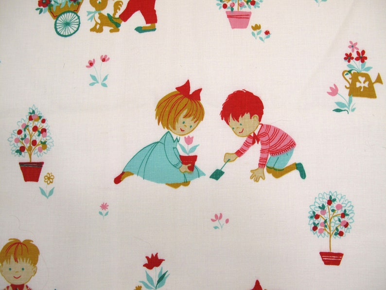 May include: A vintage fabric featuring a repeating pattern of children gardening. The children are dressed in red, blue, and green clothing. The fabric features a white background with red, pink, and green flowers.